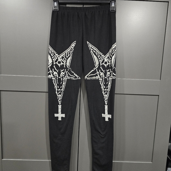 Pants - Black Baphomet Pentagram Inverted Cross Satanic Goth Leggings